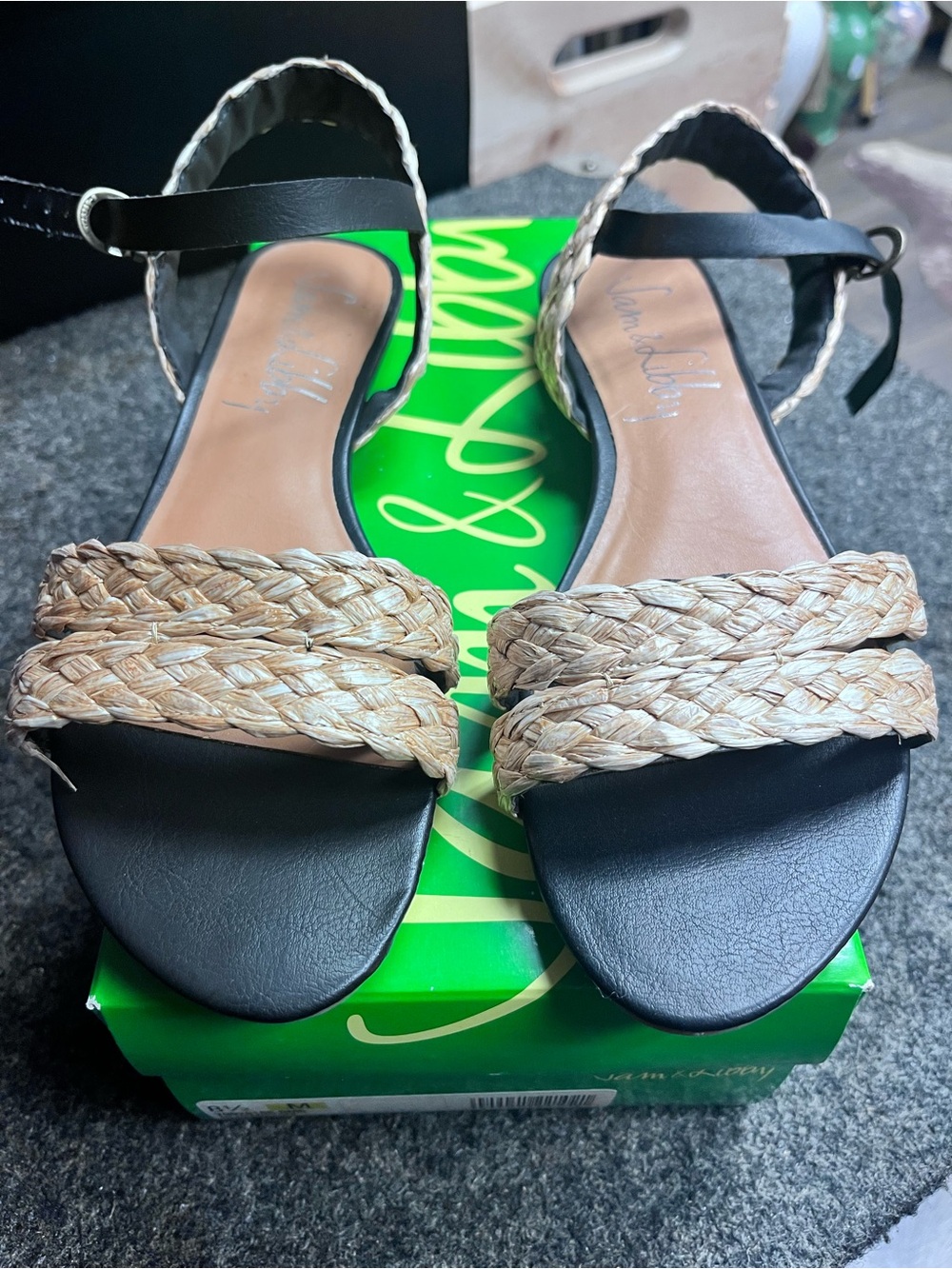 Braided Sam & Libby Natural Straw Strap Black Sandals